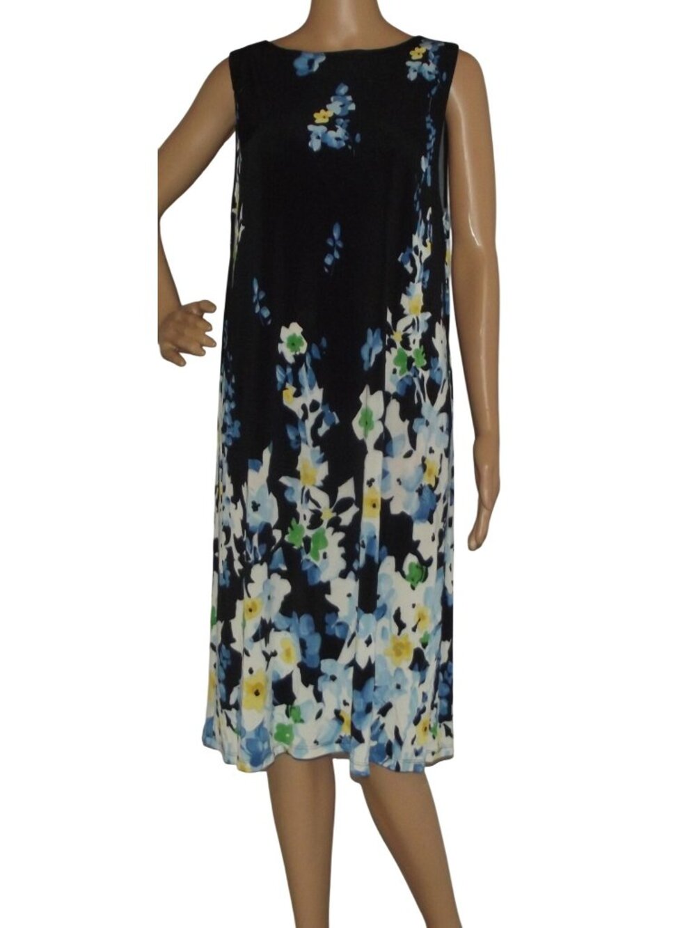 LBisse Dress Womens Plus Size 1X Black Blue Floral sleeveless shift knee length